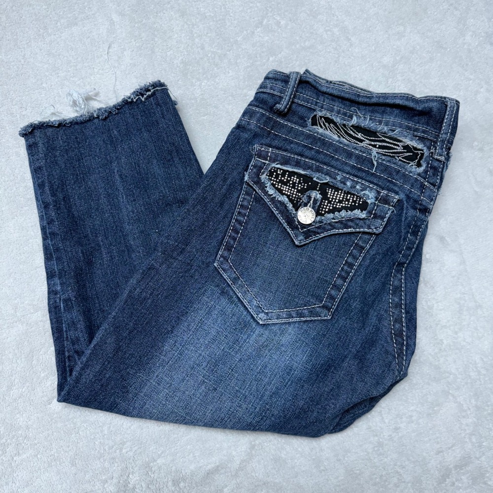 Red Rivet Women Blue Distressed Capri Jeans Rhinestone Back Pocket Size 9